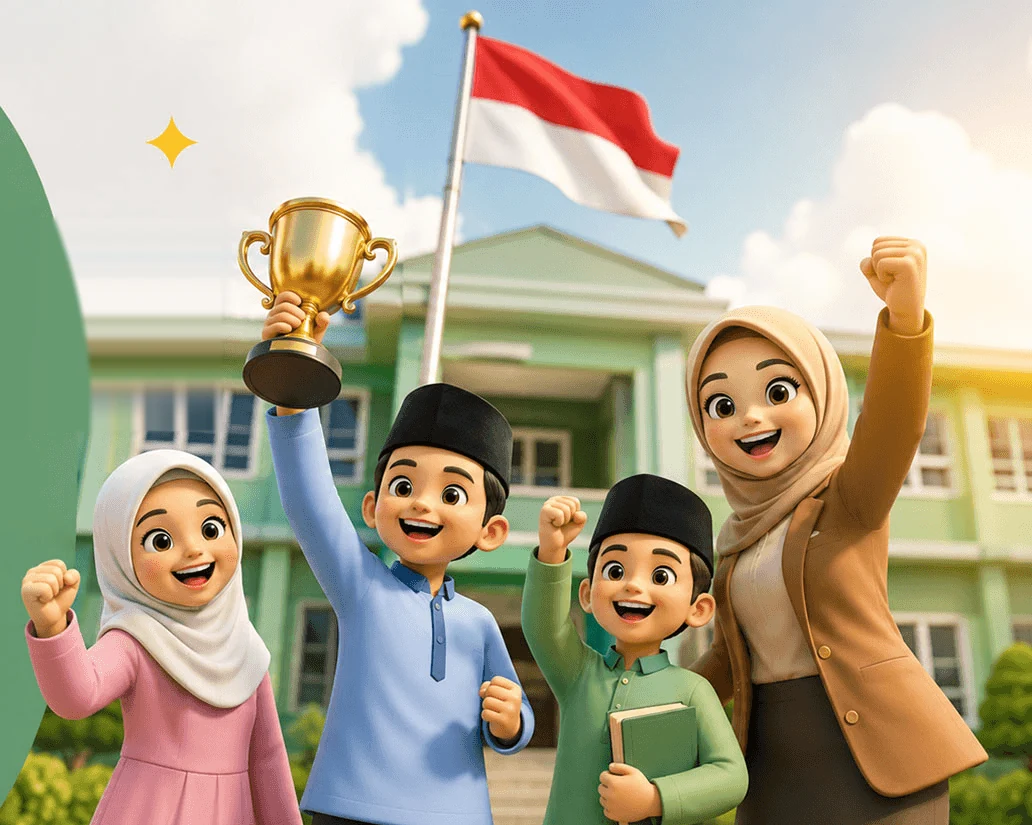 Guru dan siswa madrasah merayakan prestasi bersama
